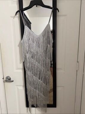 SHEIN Silver Fringe Midi Slip Dress with Spaghetti Straps